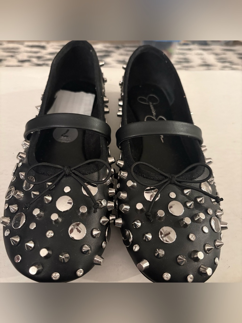 New Black Studded Mary Jane Flats with Rhinestones & Spikes Size 4